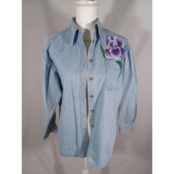 Sun Belt Denim Tops - Sun Belt Denim Shirt Womens Small Blue Hand Painted Iris Floral Button Up